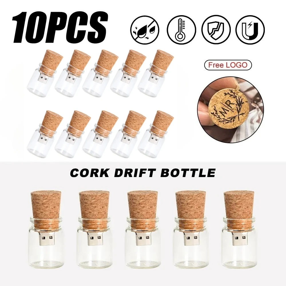 10 stks USB 2.0 Glazen Drift Fles met Kurk Flash Drive Stick Pendrive 4 GB 8 GB 16 GB 32 GB 64 GB 128 GB Huwelijkscadeau Gratis Custom LOGO