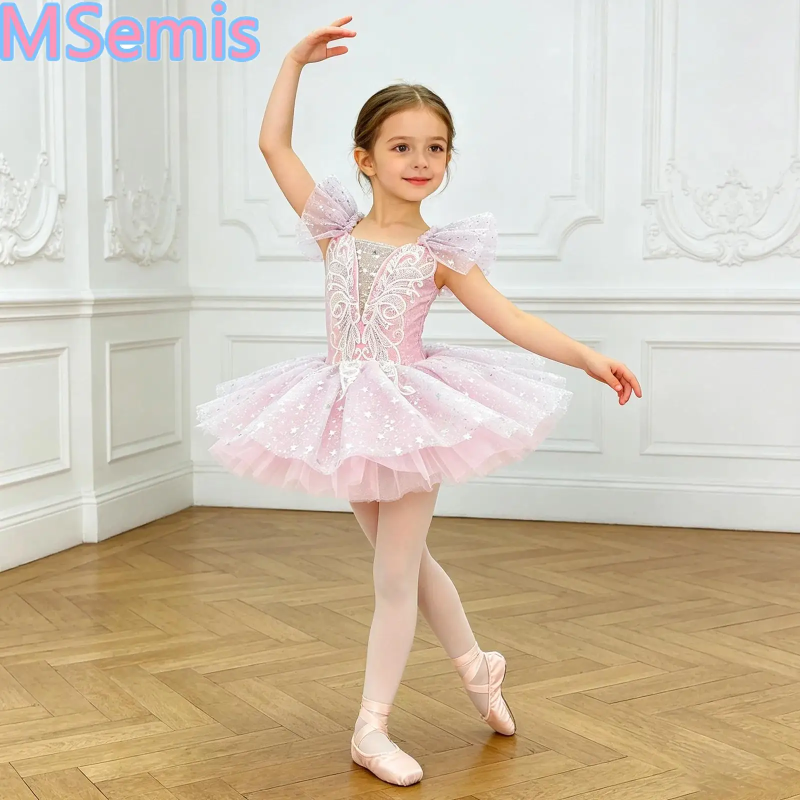 Kids Girls Sequin Tulle Ballet Dress Ruffled Sleeves Embroidery Bodice Tutu Dress with Bowknot Ballerina Dance Performance Dress