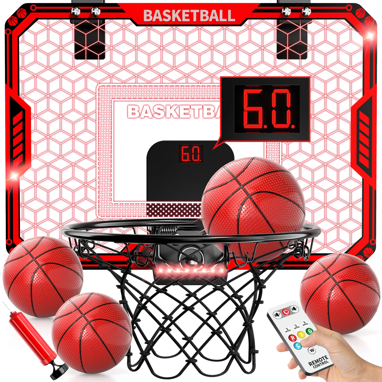 1 stuks jongeren boven de deur basketbalring met LED-verlichting, acryl mini-basketbalsysteem met scorebord en 3 ballen