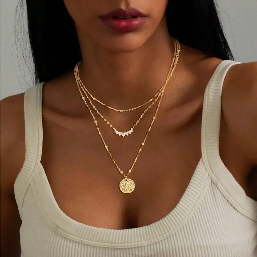 Fashion Round Pendant Bead Chain Layered Necklace, Fringed Round Pendant Chain, Elegant Versatile 3-Layer Women’s Collar Chain