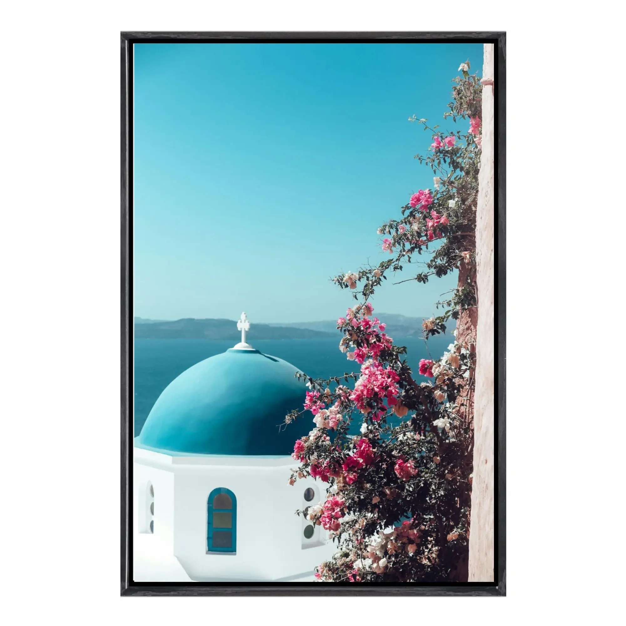 

Santorini Greece Canvas Framed Wall Art, Stunning White Blue Cycladic Village Scenic Print, Caldera Sea Poster