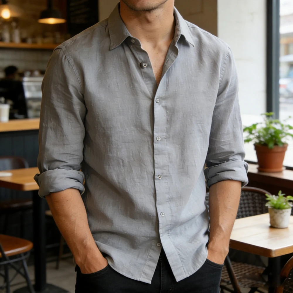 Chemise noire décontractée pour hommes, couleur unie, tissu en lin à manches longues, chemise formelle d'affaires, tissu confortable pour hommes