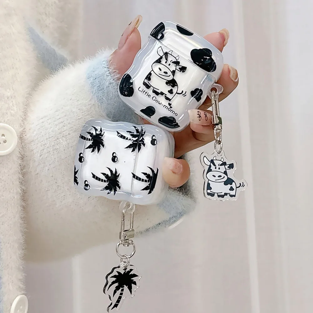 สีดํามะพร้าวต้นไม้รูปแบบวัวสําหรับ Apple Airpods 3 Pro 2 1 หูฟังบลูทูธฝาครอบอุปกรณ์ป้องกันพร้อมพวงกุญแจ