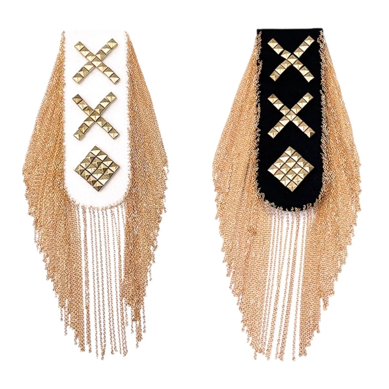 Punk Rivet Studded Shoulder Epaulettes Gold Chain Tassels Brooch Pin Epaulets Shoulder Badge for Suit and Jackets