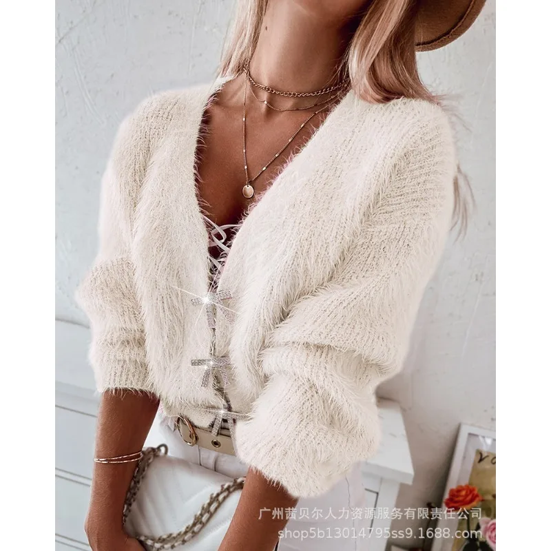 Knitted Cardigan for Women Solid Color Y2K Bow Drill Buckle Sweater Cardigan Long Sleeve Mink Short Knitted Cardigan