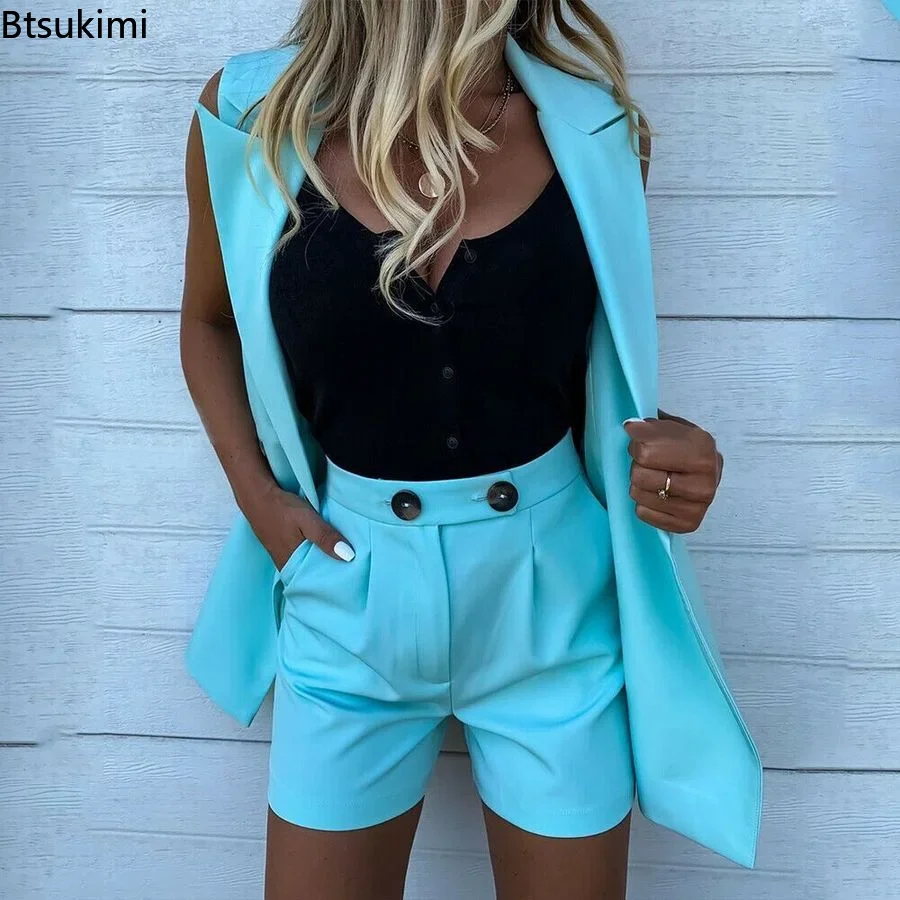 Spring Summer Women\'s 2PCS Sets Suits Vest with Shorts Office Ladies Tracksuits Two Piece Set Suit Coat and Shorts Set Outfits