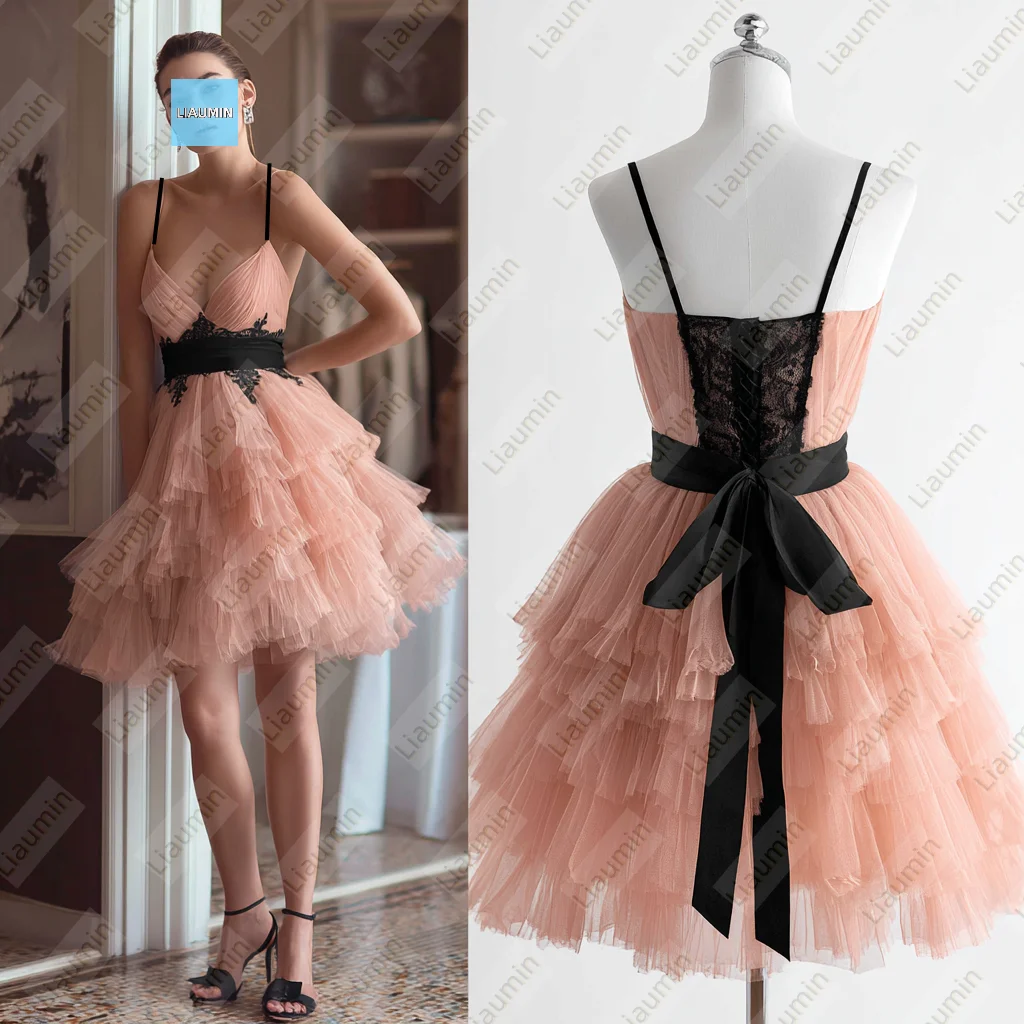 

Pink Tulle Spaghetti Straps Black Lace Applique Knee Length Evening Prom Wedding Formal Dress Backless Customized Made A7-1.29