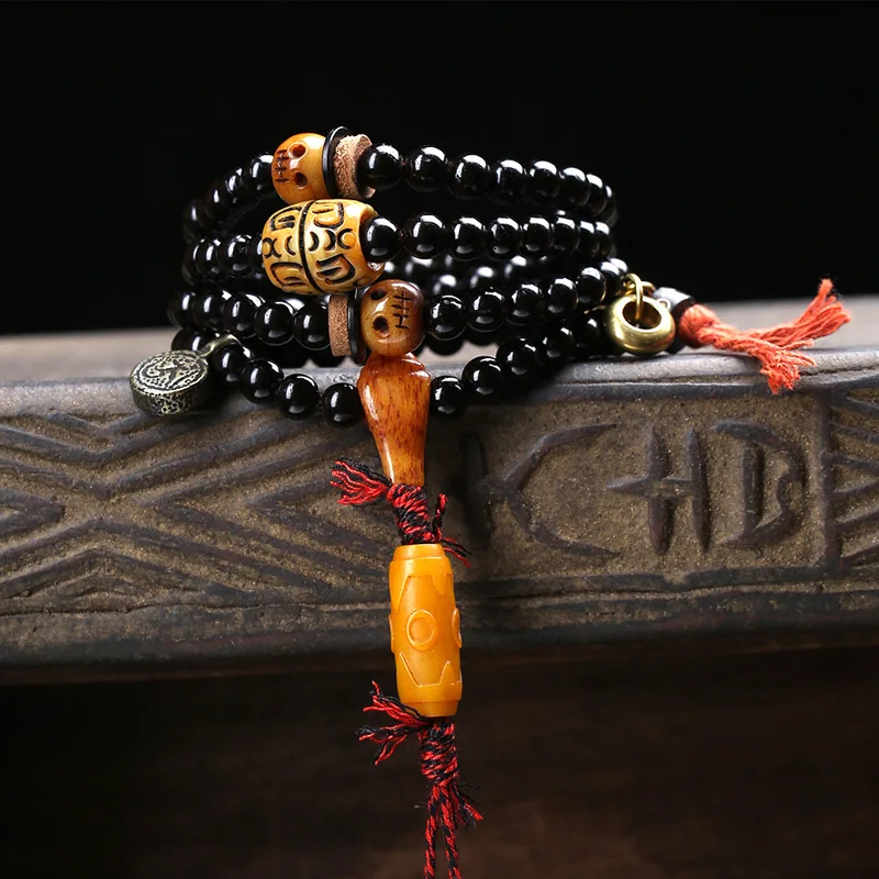 108-bead natural coconut-core rosary;antique collectibles;recycled bone; three-way connector; ‘Ah Dai’ three-eyed celestial bead