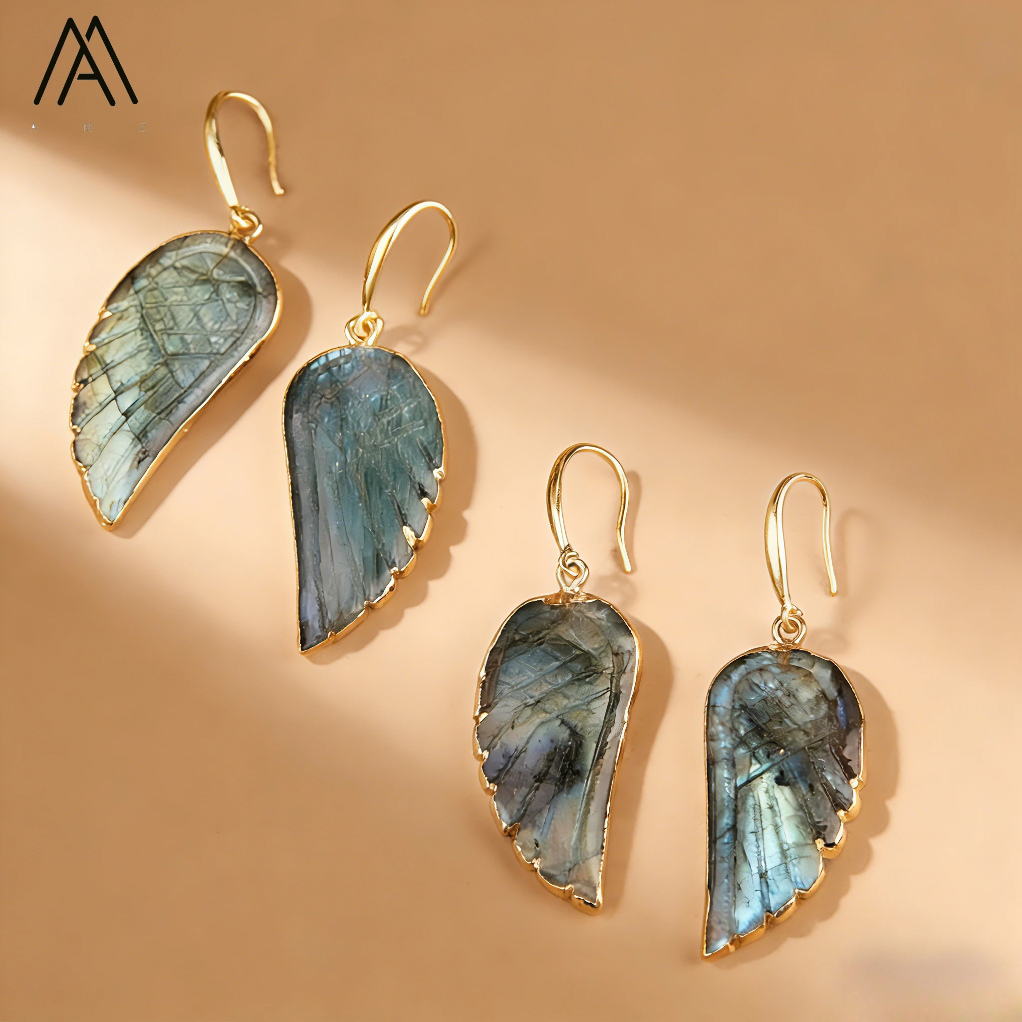 Angel Wing Earrings Natural Multicolored Gemstone Labradorite Earring Unique Fashion Pendant Hook Earrings Daily Party Jewelry