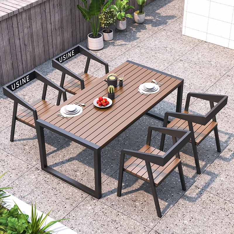 

！@Modern Durable Metal Frame Wood Outdoor Dining Table and Chair Set with Waterproof Cushion for Indoor & Courtyard Use