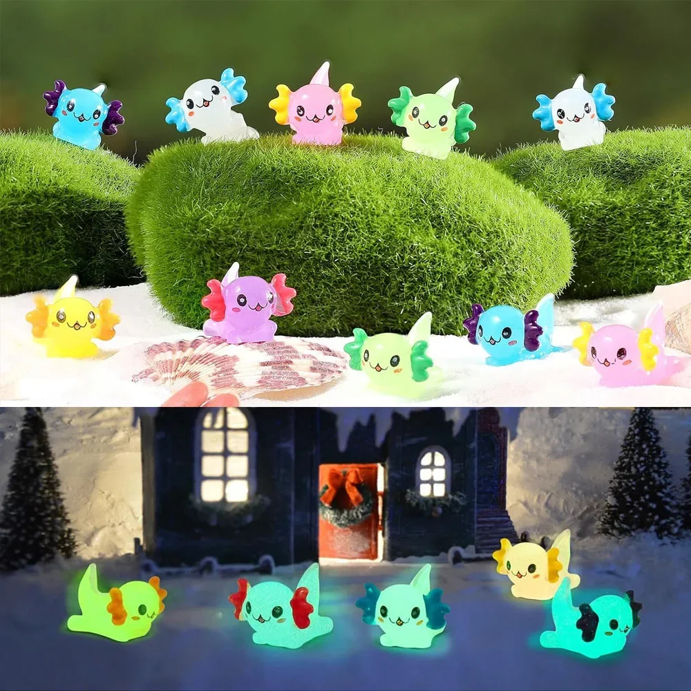 32pcs Mini Resin Axolotl Miniature Figurine Glow in The Dark Tiny Animal Figurines Small Luminous Charm Micro Landscape Ornament