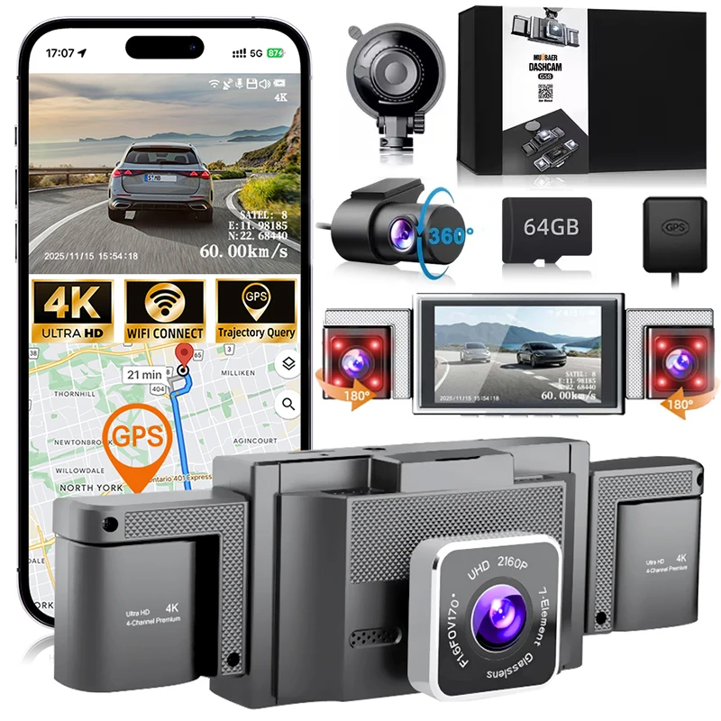 

4K 360 ° 4-канальный видеорегистратор | Встроенный Wi-Fi 5.8 ГГц и GPS | 3-дюймовый IPS-экран, ночное видение, циклическая запись, мониторинг парковки | Карта памяти 64 ГБ