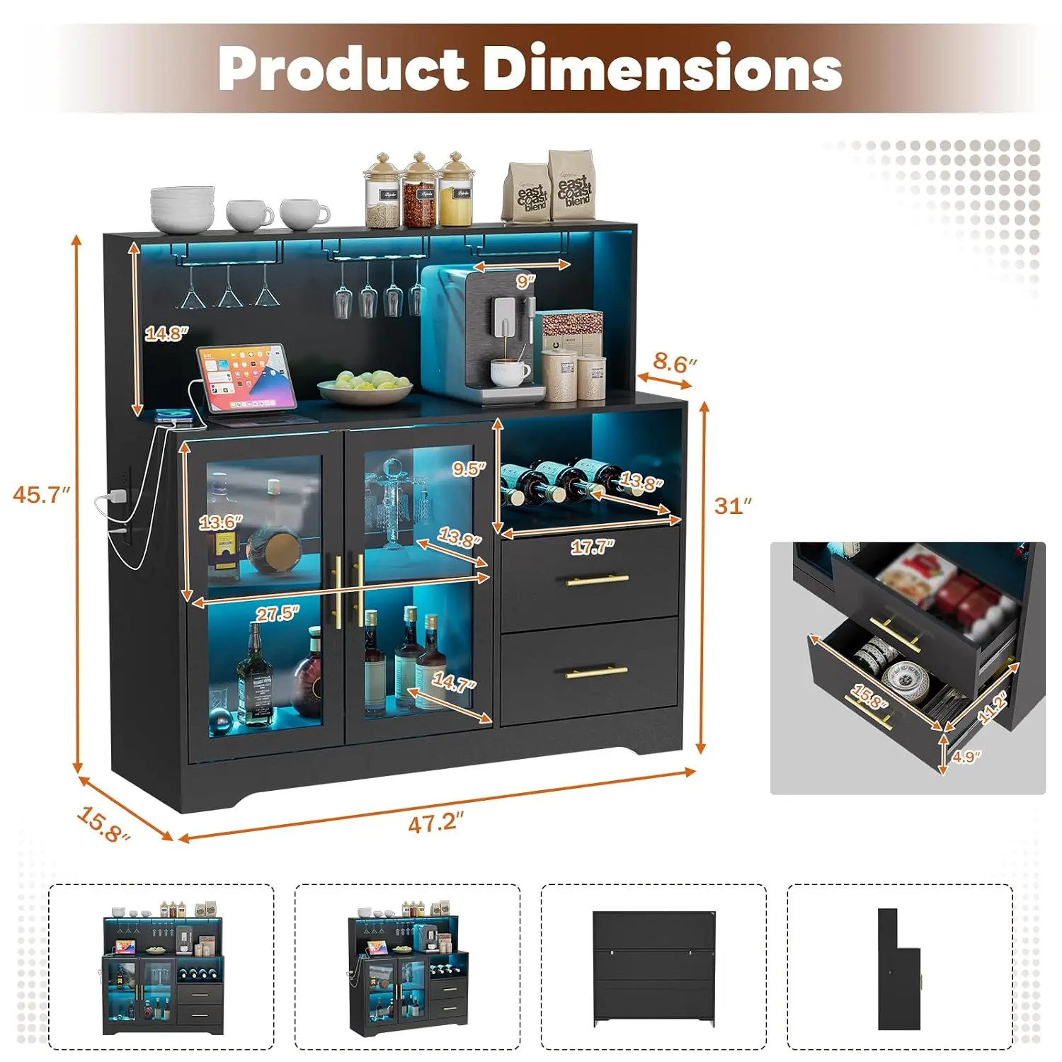 LED Wine Bar Cabinet with Power Outlets, Drawers, Wine Rack & Glass Holder, Sideboard for Living Room & Kitchen, Customized