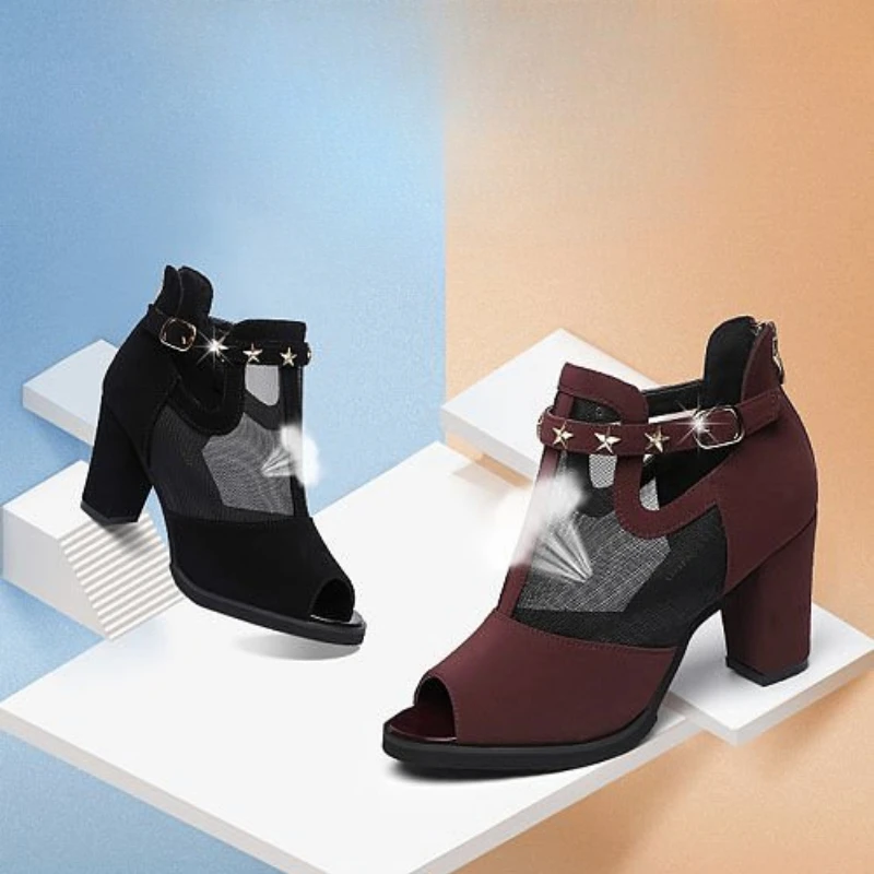 Mesh Peep Toe Block High Heels Women Sandals Cutout Ankle Strap Star Buckle Platform Dress Office Party Shoes Plus Size 41 Black view 6