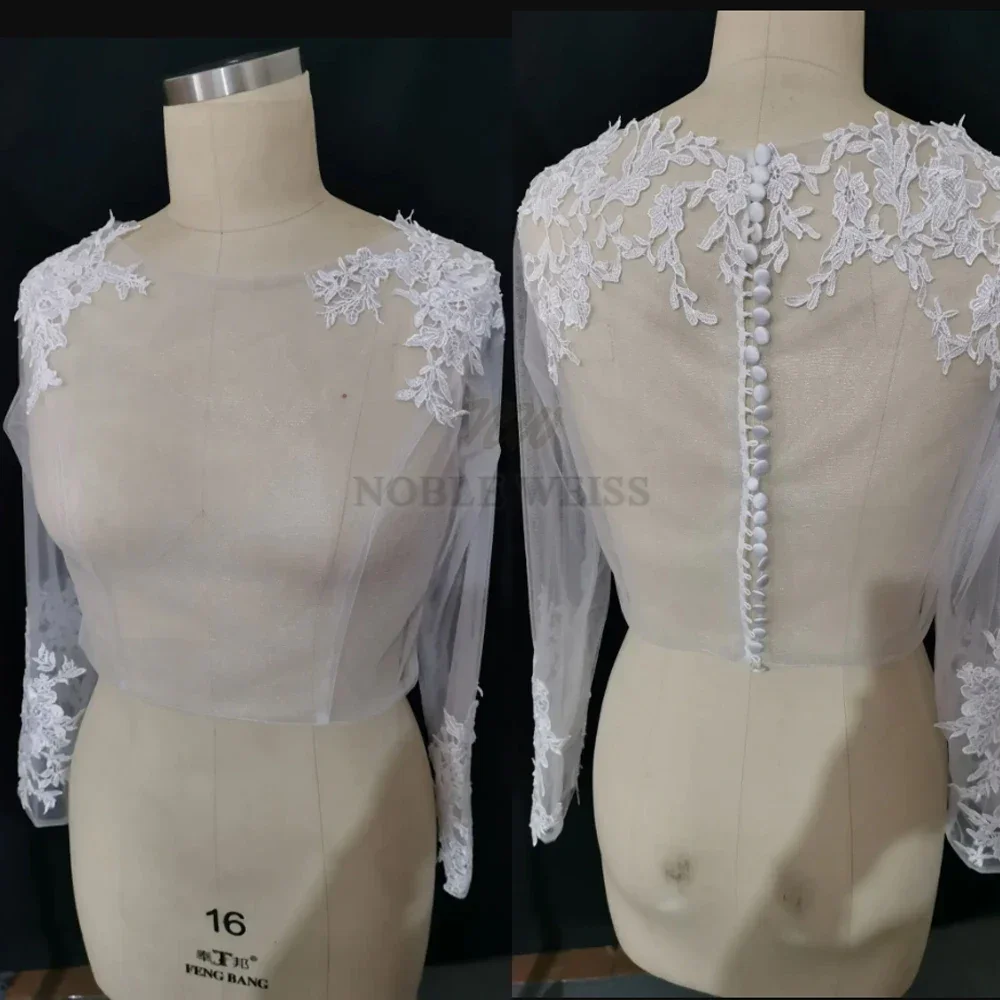 Koronkowa kurtka z długim rękawem i aplikacjami Płaszcz ślubny z wycięciem Bolero ślubne Koronkowy szal panny młodej Dostosowane