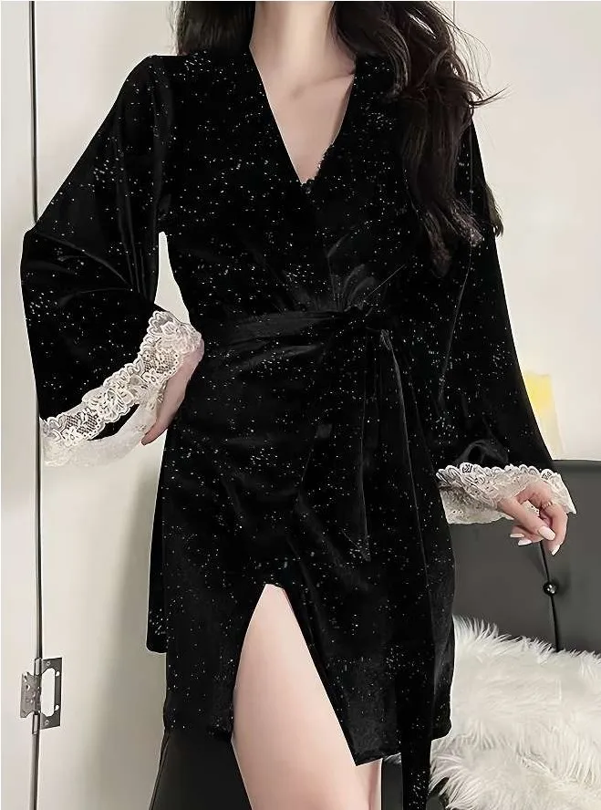 Velvet Robe Suit Women Velour Lace Kimono Bathrobe Nightgown Loungewear Spring Two Piece Dressing Gown Sleepwear