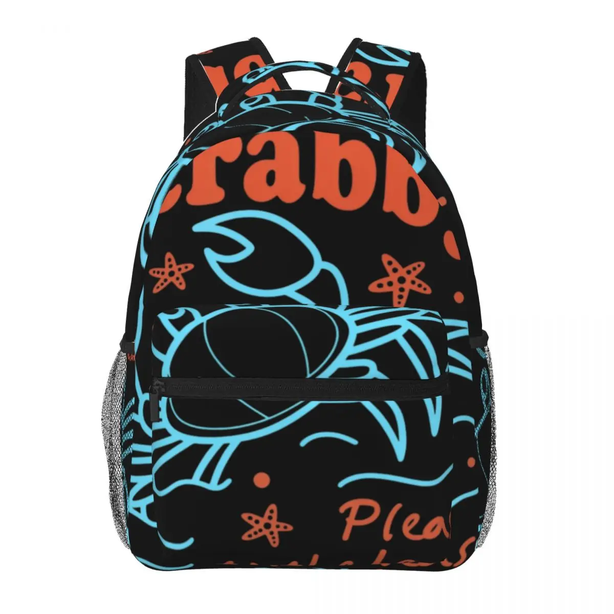 Ocean Print School Backpack Center Crab Starfish Beach Sassy Lettering Orange Blue White Summer Bookbag for Girls Boys Travel