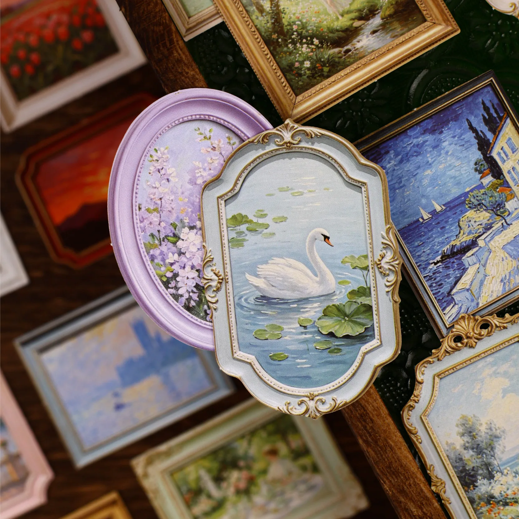 European Vintage Oil Painting Frame Stickers, Embossed Gold Rim Scenery Frames for Journal and Kuka Card Border Collage