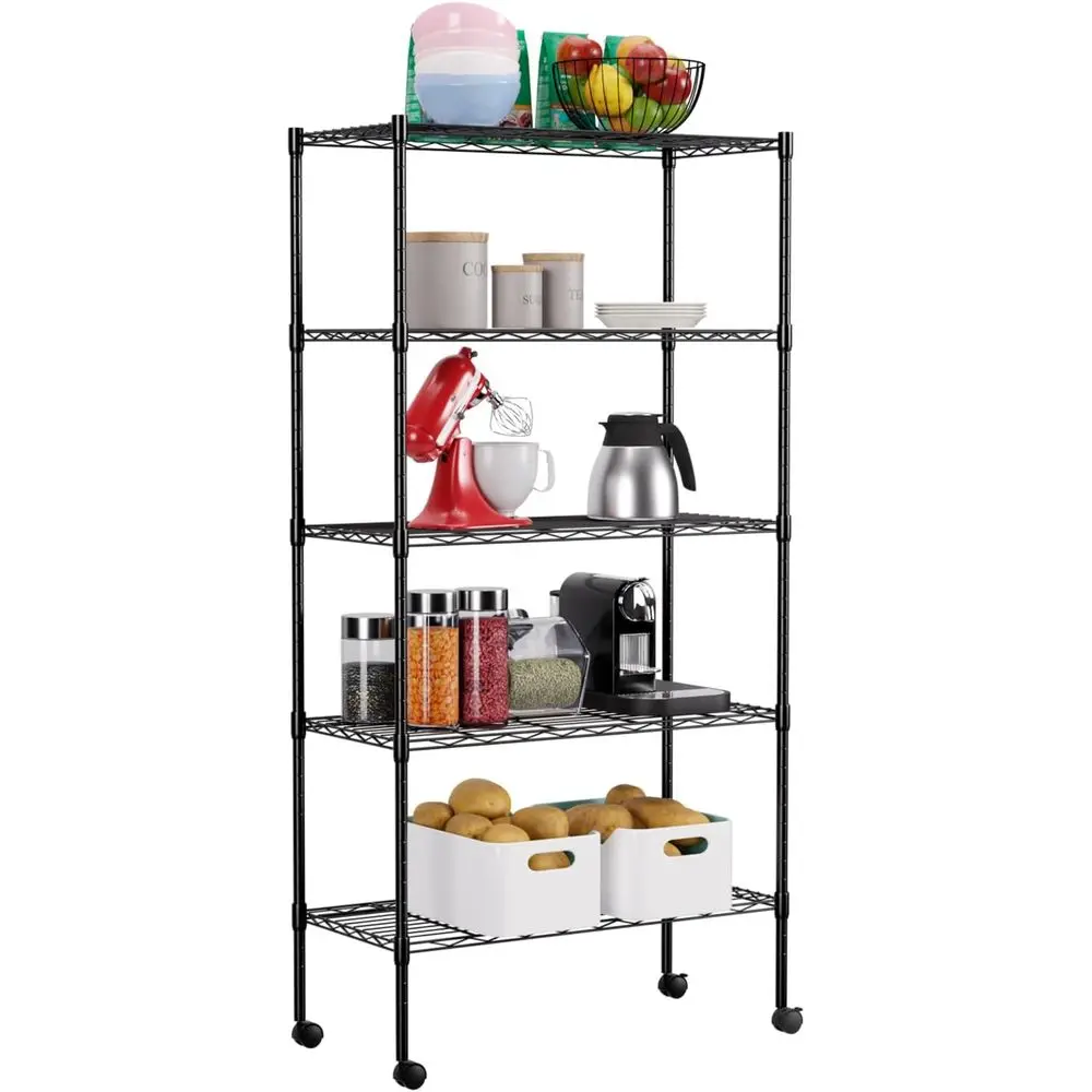 

5-Tier Heavy-Duty Metal Wire Shelving Unit with Wheels, 14D x 30W x 61H, Ideal for Home, Kitchen, or Commercial Use, Black