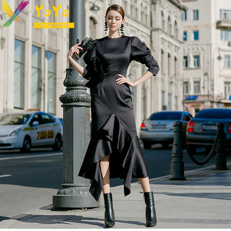 

Vintage Black Lantern Sleeve Irregular Fishtail Dress Women Fall/Winter 2023 Korean Fashion Elegant Slim Bodycon Party Dress