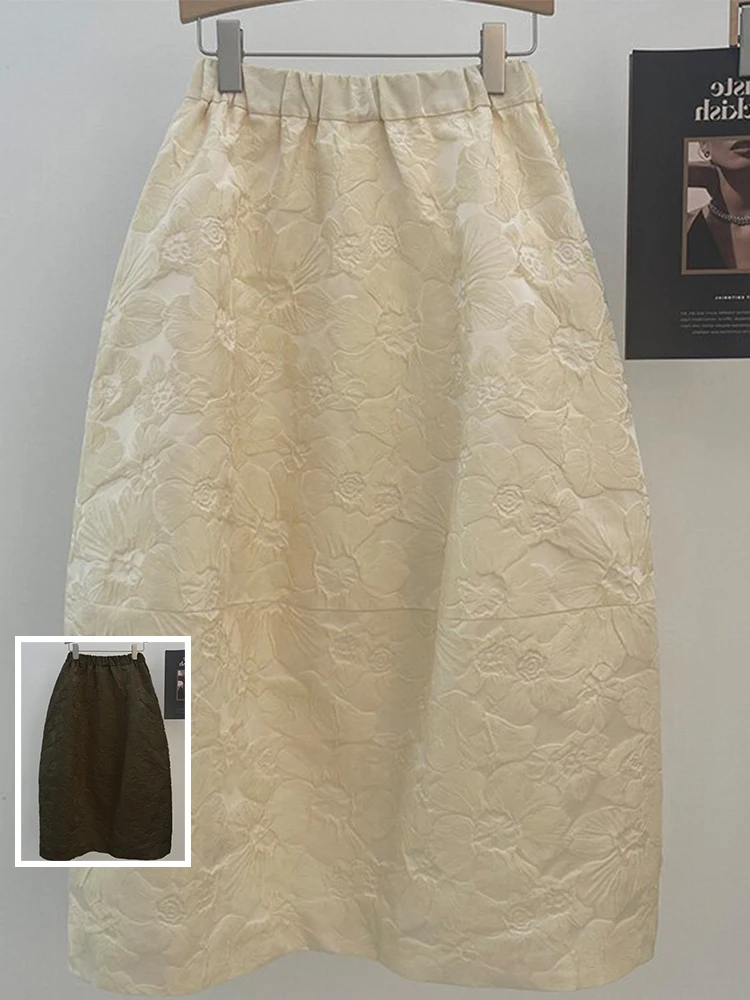 

New Chinese Sle Long A-Line Skirt with Emed Flowers Elastic Waist Slimming Versatile Large Size Women's Skirt Autumn