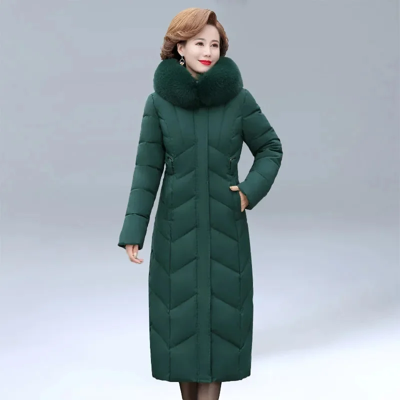 Hooded Fur Collar Down Cotton Jacket Women Winter Clothing New Middle-Aged Mother Mid-Long Thicken Coat Warm Female Parkas 8XL