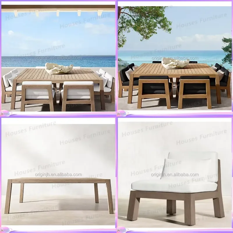 Modern 8 Seat Teak Outdoor Dining Set Garden Courtyard Patio Furniture Table and Chairs Hotel Restaurant Exterior Wood Deck