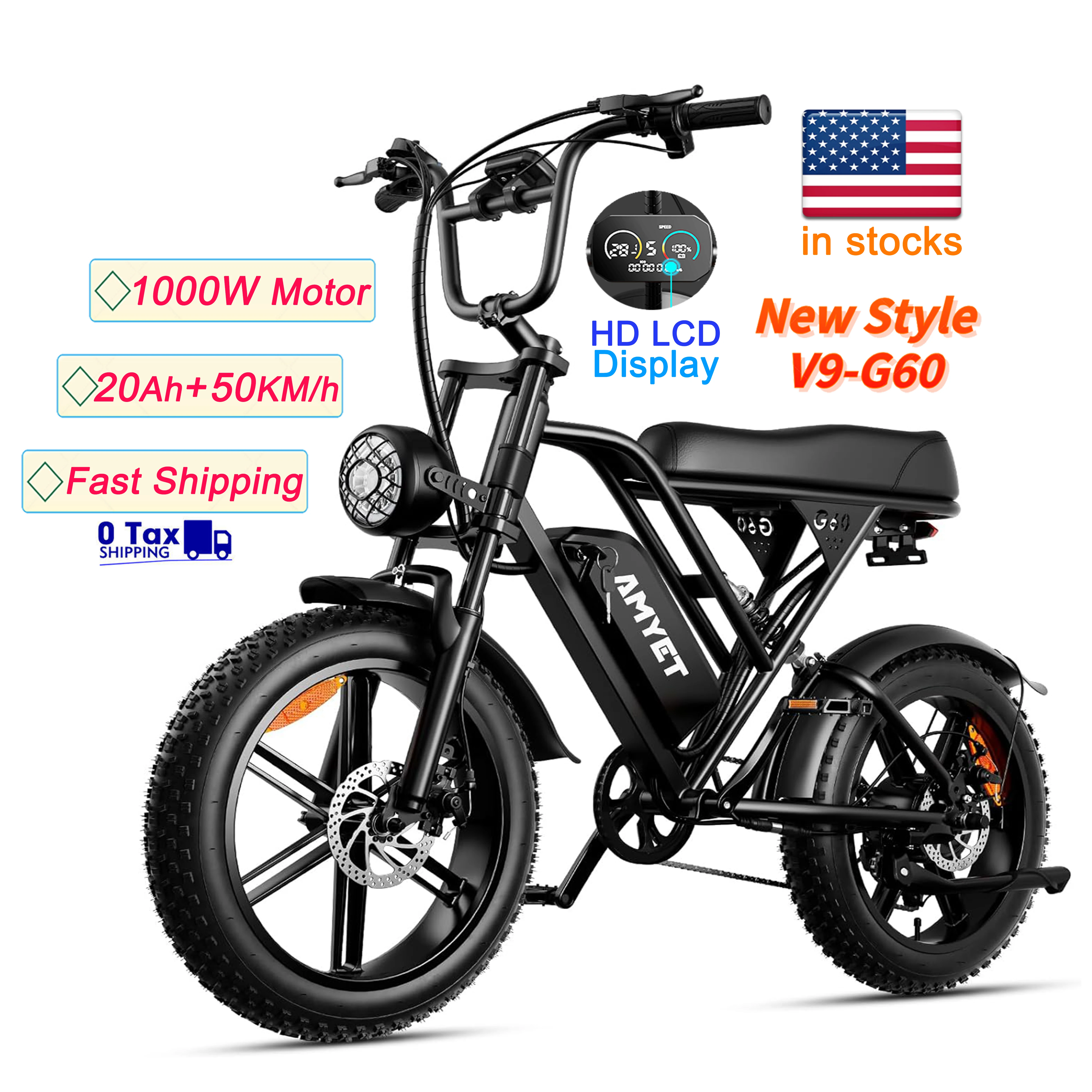 USA Warehouse Fast Shipping Electric Bike 1000W 20 inch Fat Tire E- 48V  Hybrid  Mountain E AMYET V9 G60