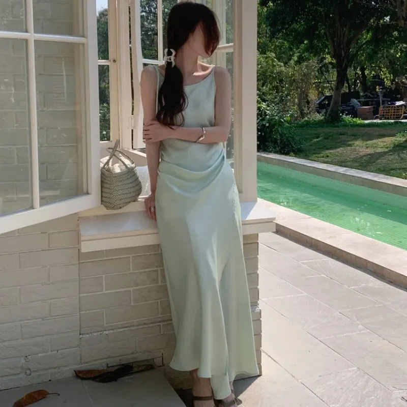 Texture Satin Sleeveless Sling Bandage Long Dress Women Summer High-fashion Edge Slim Waist Spaghetti Strap Sundress Female 2025