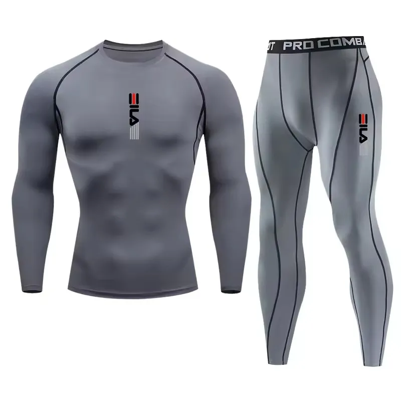 Tuta sportiva da corsa da uomo PALESTRA Sport attillati Maniche lunghe T-shirt Allenamento Jogging Fitness Tuta Pantaloni Compressione Set da 2 pezzi