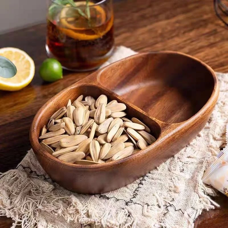 

Walnut Wooden Dual Grid Tray, Whole Piece Nut Fruit Platter, Farmhouse Style Tea Snack Server for Living Room