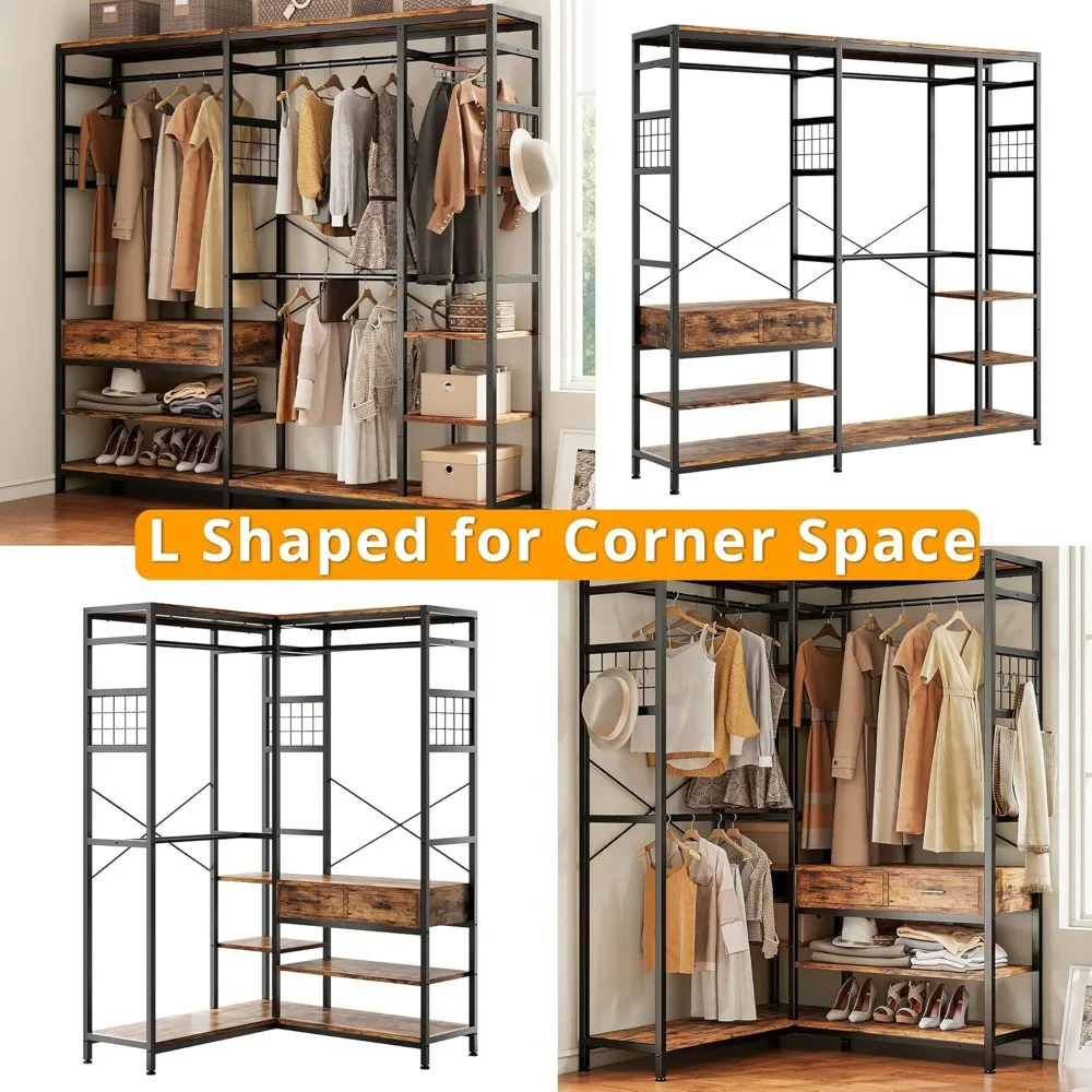 Closet Organizer and Storage Shelves, Heavy Duty Clothes Rack with 2 Wooden Drawers, L Shaped Coat Rack Corner Closet System