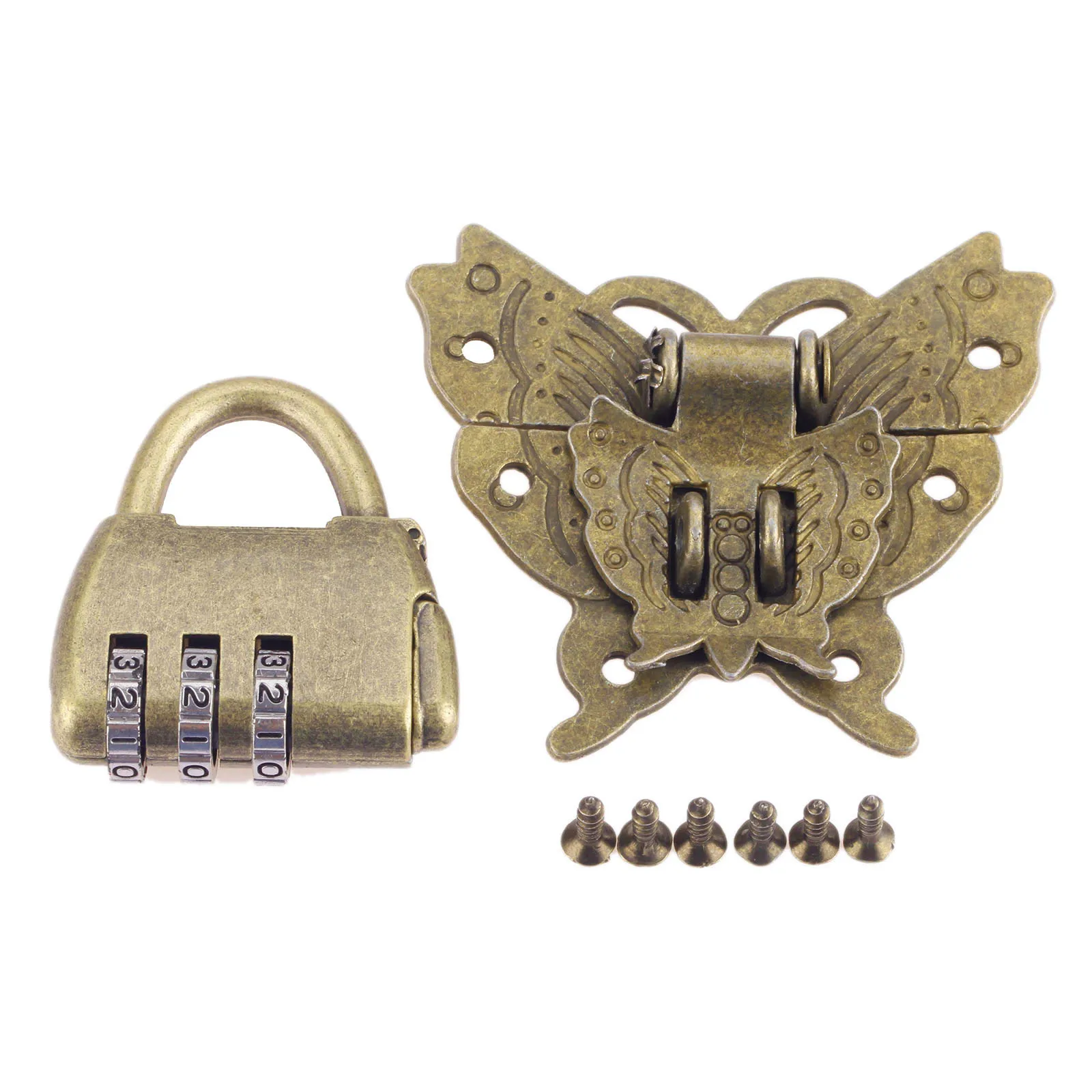 2Pcs/set Vintage Butterfly Wooden Box Cabinet Toggle Latch Hasps with Chinese Password Padlock Furniture Hardware Kit with Screw