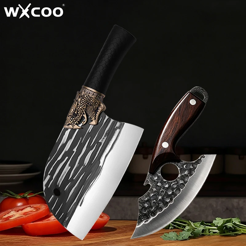 WXCOO Professional Chef Knife Hand Forged Kitchen Knife with Sheath Stainless Steel BBQ Knife Fruit Slicing Meat Cleaver Tools