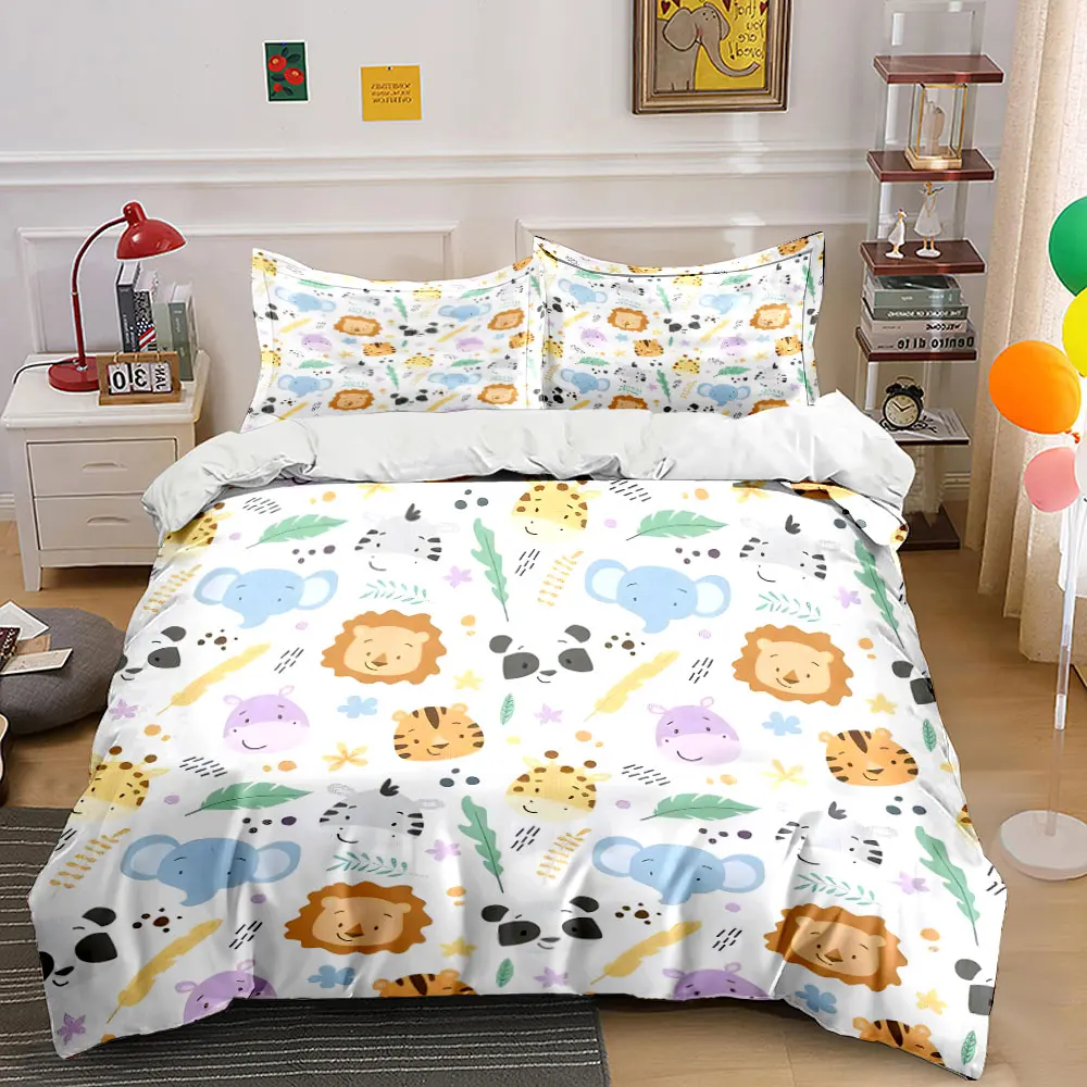 3Pcs Safari Animal Bedding Set, Watercolor Lion,Elephant and Giraffe Print Duvet Cover + 2 Pillowcases,Kids bedroom cute Decor
