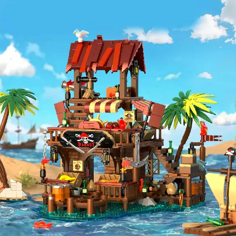 MOC-Juego de bloques de construcción de muelles medievales, mercado de la Bahía de Pirata y casa de muelle pirata, modelo de arquitectura, juguetes de ensamblaje, regalos para niños