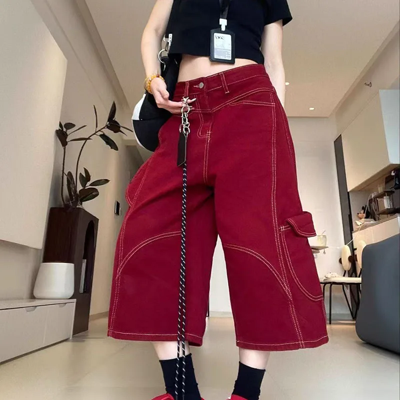 

American Retro Red Multi-Pocket Overalls Girls Spice Girls Design Loose Bf Slouchy Casual Cropped Pants