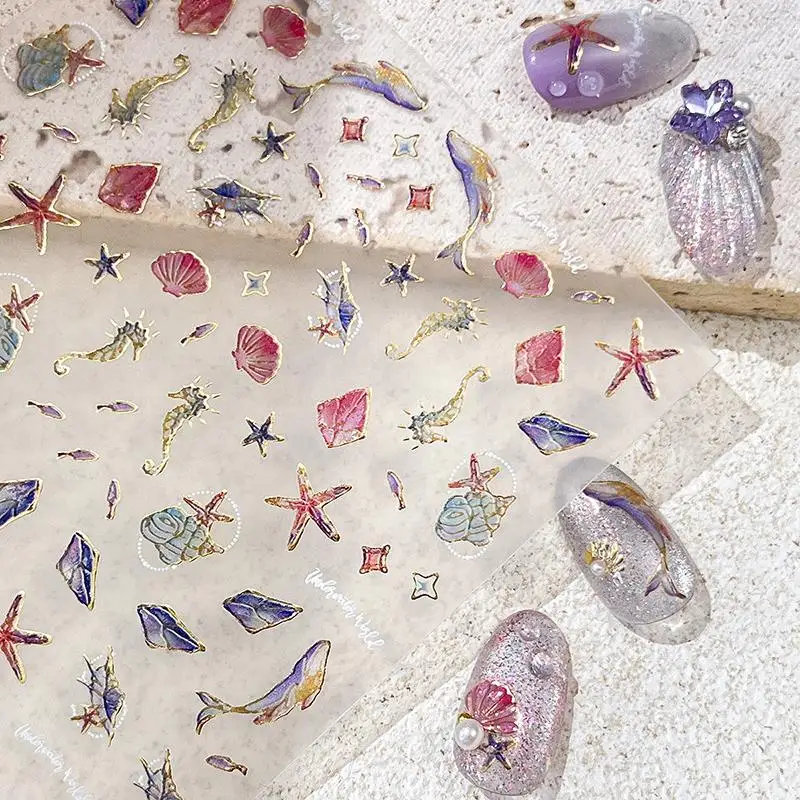 5D Summer Sea Shell Nail Sticker Shiny Embossed Starfish Nails Stickers Summer Shell Seahorse Whale Nail Decals Decoration