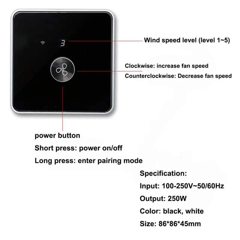 Ingenious-5X Smart Wifi Fan Switch 5 Speed Control EU Ceiling Fan Rotary/Knob Switches Tuya Remote For Alexa Google Home(Black)