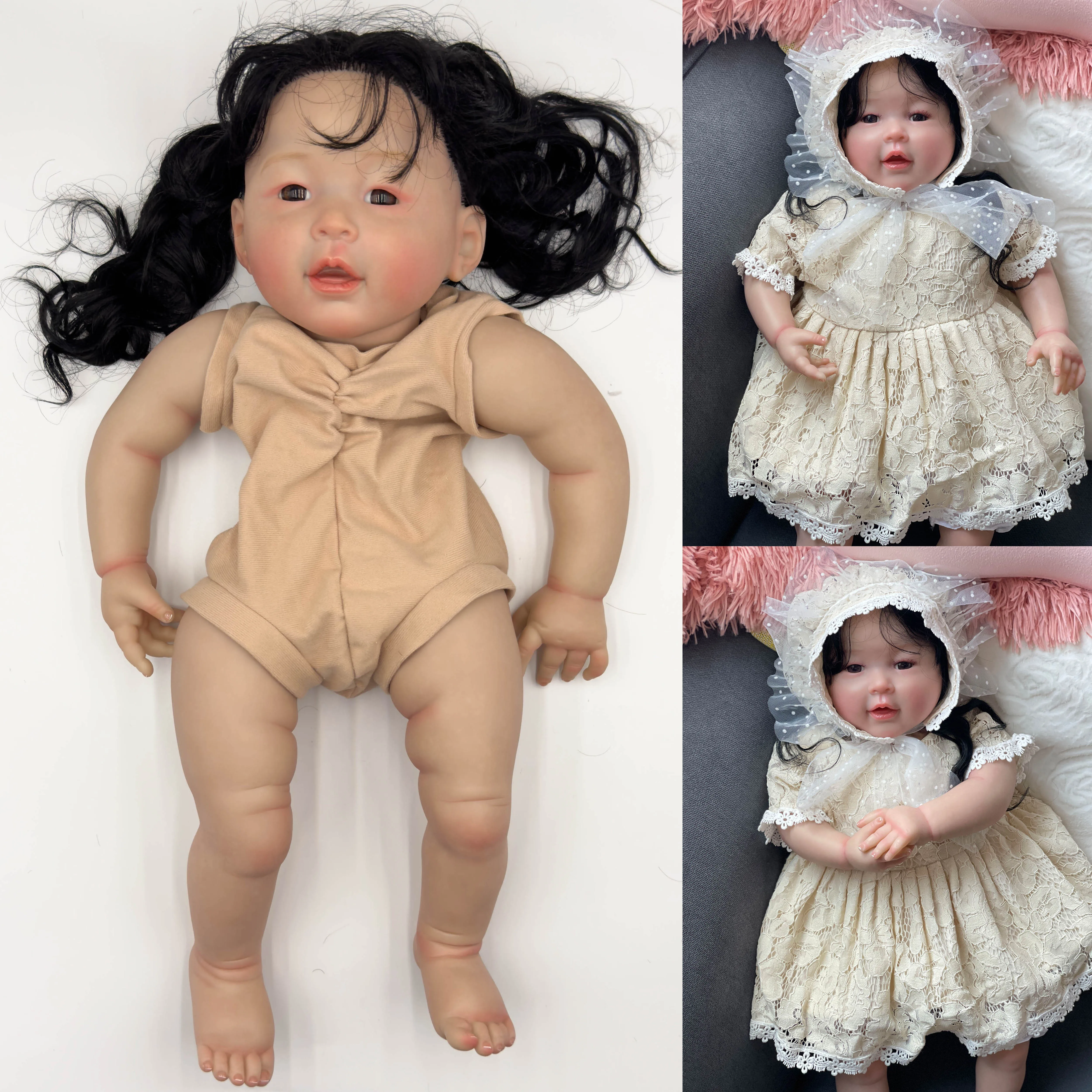 24inch Meilien Lifelike Unfinished Reborn painted Doll kit parts with Hand Rooted long black hair