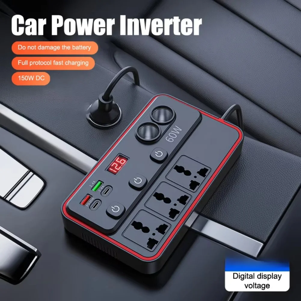 150W Car Power Converter DC 12V 24V Input to 220V AC Output with LED Voltage Display and 7 Charging Interfaces
