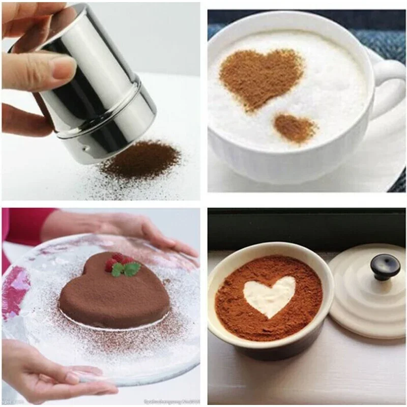 Flour Salt Sifter Sugar Condiment Bottle Containers Chocolate Powder Shaker+16Pcs Coffee Stencils Template Duster Spray Coffee