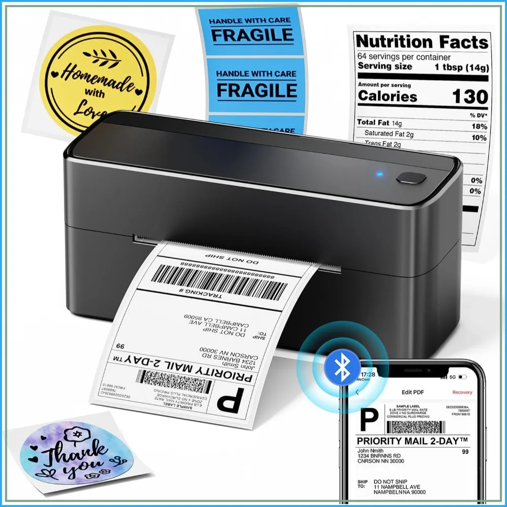 

Bluetooth Shipping Label Printer 4x6 Wireless Thermal Label Printer for Small Business, Compatible with iPhone, Android, Amazon, Shopify