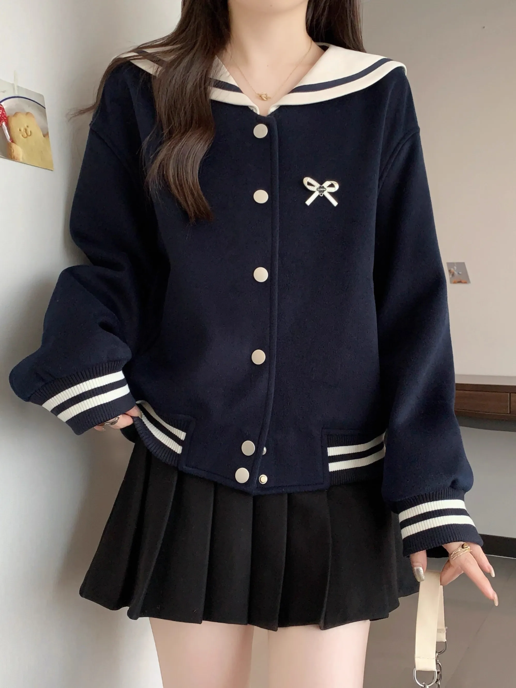 Chaqueta de Mujer con Cuello Marinero, Estilo Coreano, con Nudo, Color Bloque, Antienvejecimiento, para Viajar al Trabajo, Cortavientos