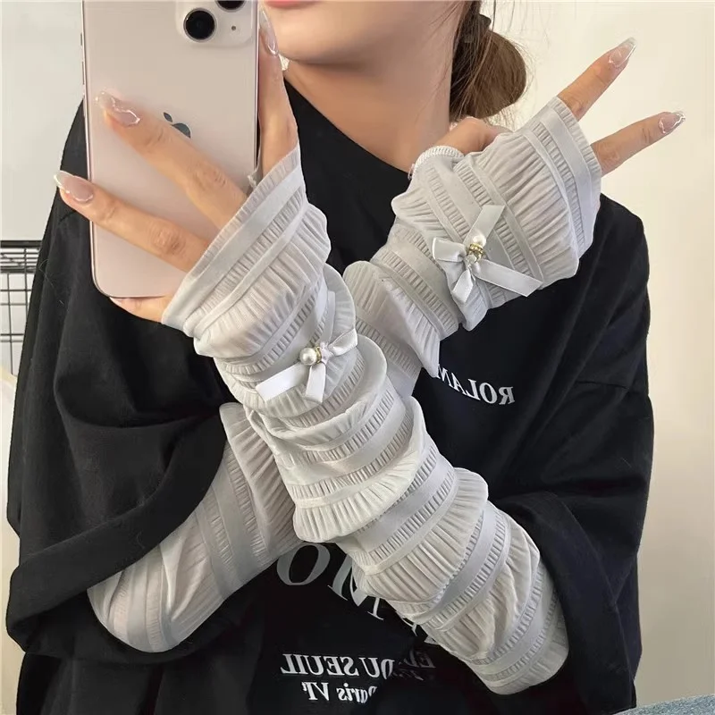 

Women's Summer Lace Bow Pearl Long Arm Sleeve Warmers 2024 Causal Breathable Sunscreen UV Protection Cuffs Driving Sleeve Holder