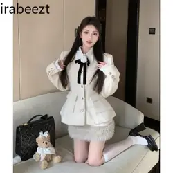 Blazer Femenino Plush Patchwork Woolen Coat Female Autumn and Winter High Waist Raw Edge Skirt Atmosphere Two-piece Set