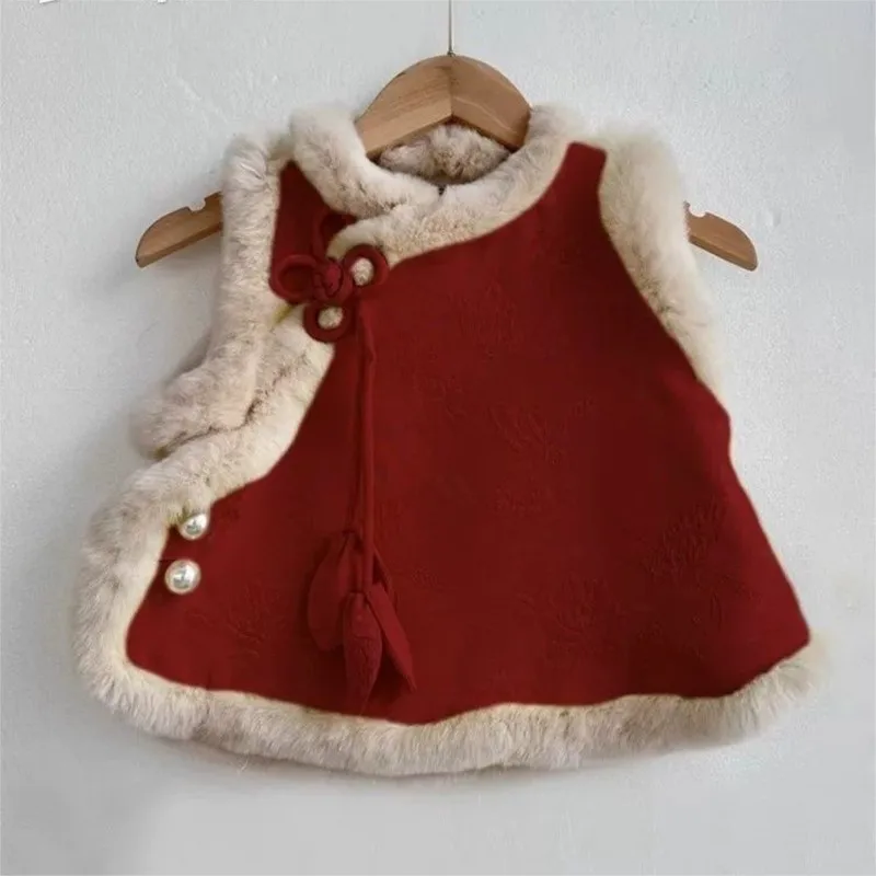 الفتيات الأحمر/الأصفر سترة دون أكمام 2026 الخريف/الشتاء جديد للأطفال النمط الصيني شيونغسام أفضل الاطفال الصينية تانغ سترة TopLI882 #2