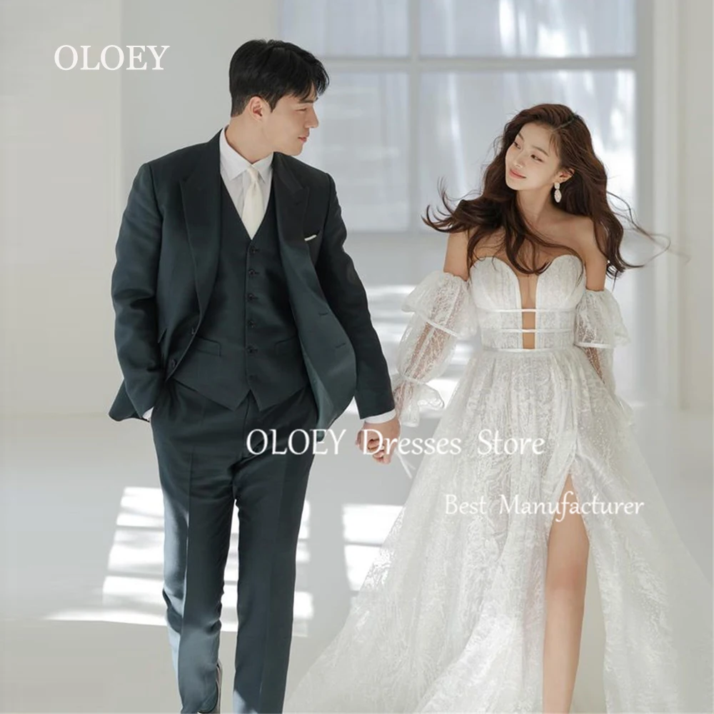 

OLOEY Exquisite Ivory Lace Wedding Dress Korea Photoshoot Off Shoulder Deep V Neck Bridal Gown Ruffles Long Sleeves Floor Length