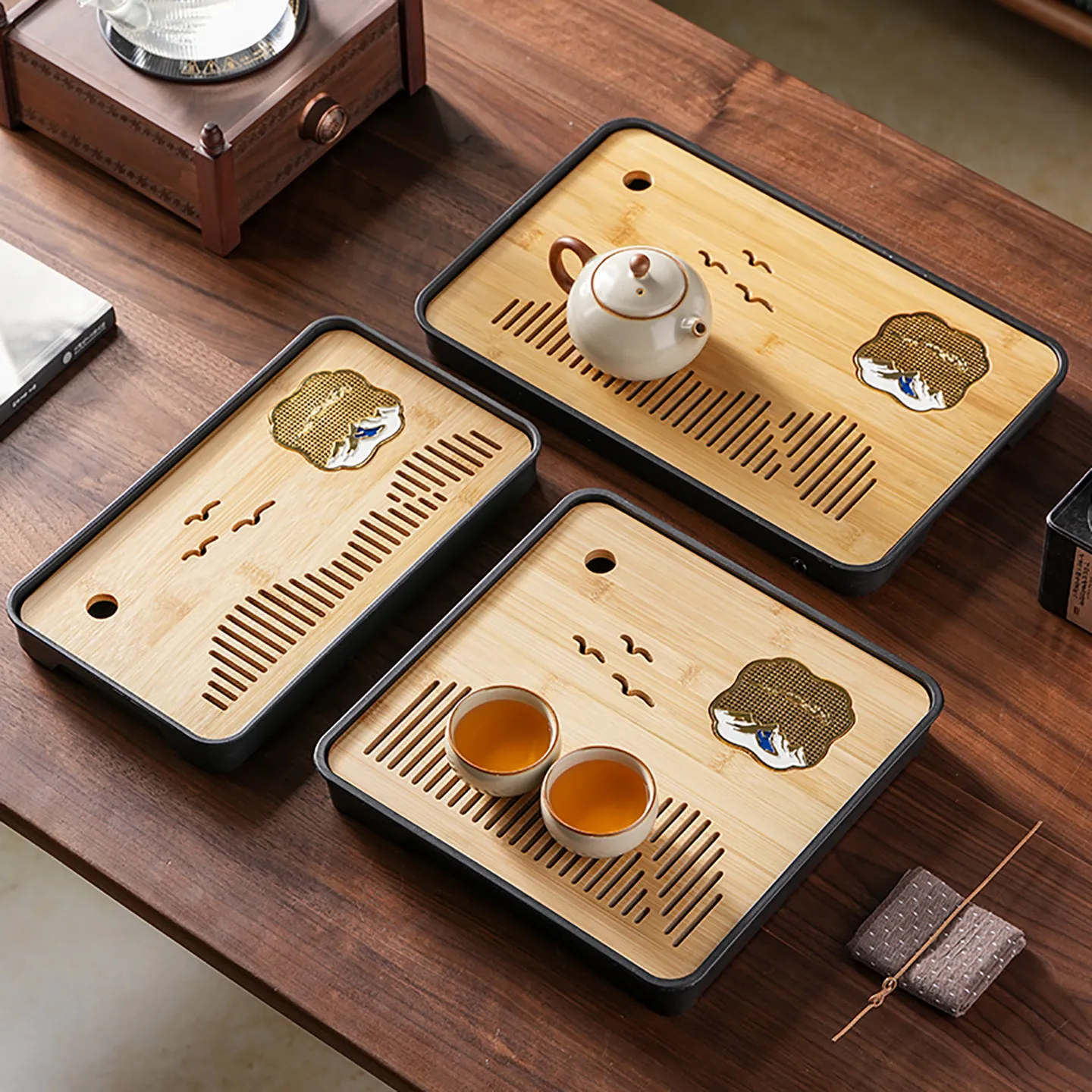Luxury Bamboo Tea Tray/Home-Use Drainage-Style Tea Set Accessories/Living Room Tea Platter/Rectangular Watering Storage Tray 1pc