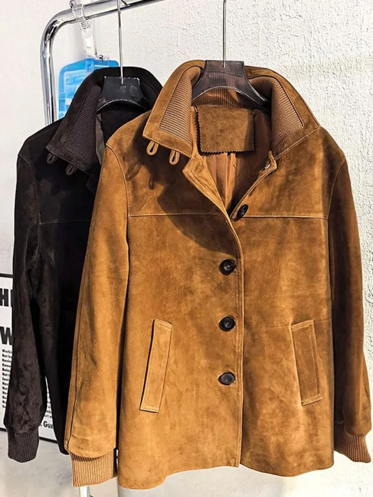 แจ็คเก็ตหนังแกะแท้สีพื้นสไตล์ลำลองสำหรับผู้หญิง ปกเสื้อแบบปกเชิ้ต ทรงหลวม มีกระเป๋า ติดกระดุมแถวเดียว แขนยาว เสื้อคลุม